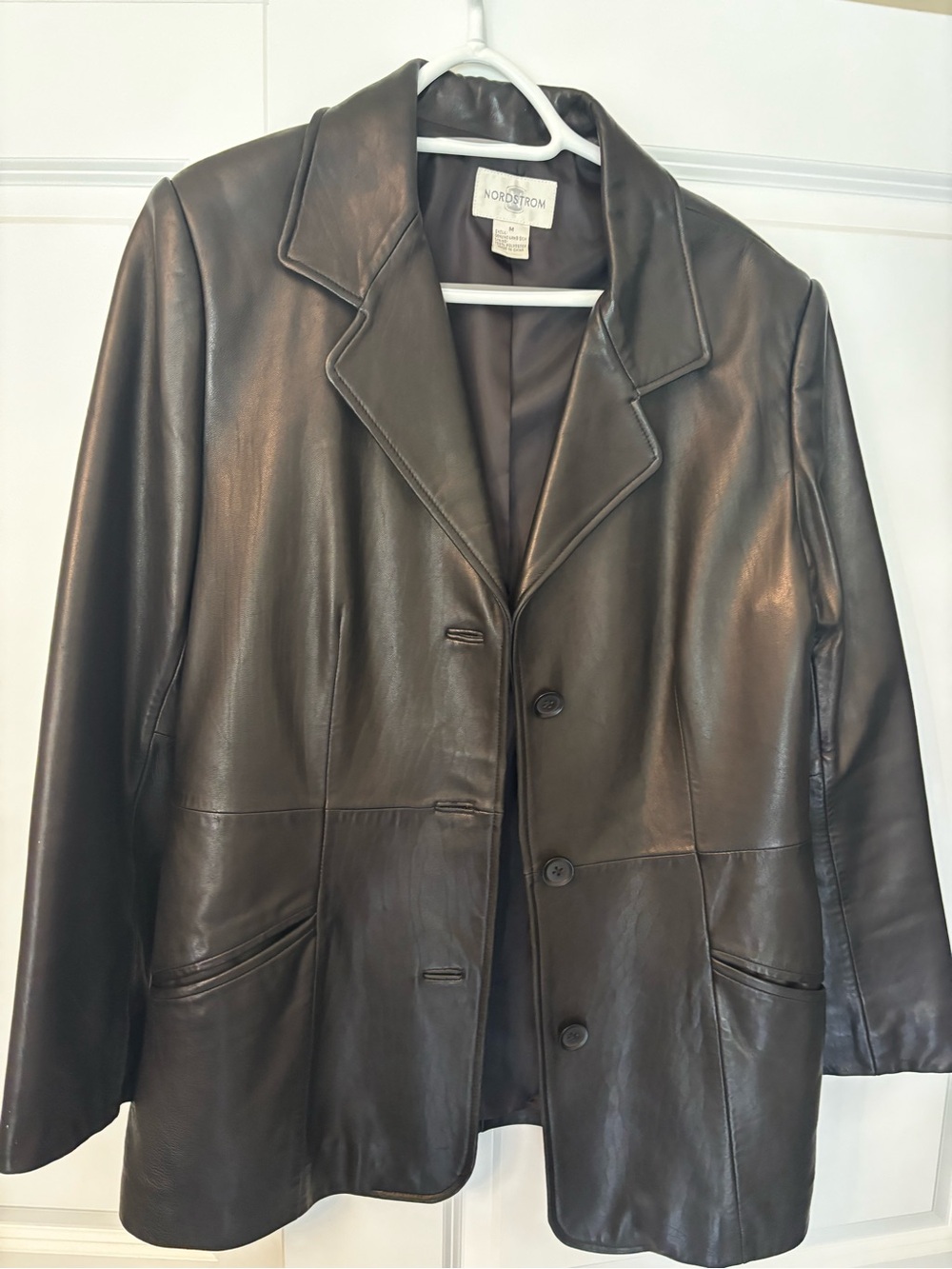 Nordstrom Women’s Dark Brown Leather Blazer Jacket - Picture 1 of 2